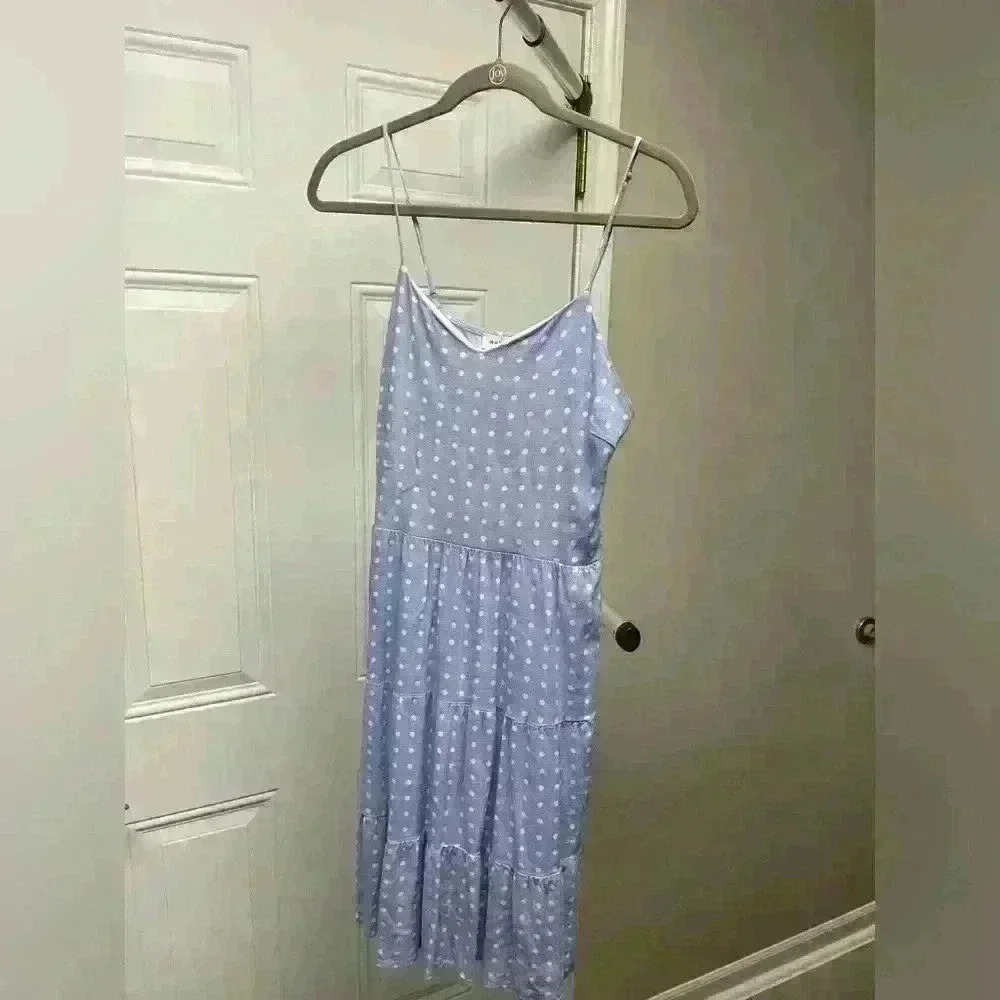 Monteau Blue Polka Dot Sundress‎ Spaghetti Strap Elastic Back Tiered Size L